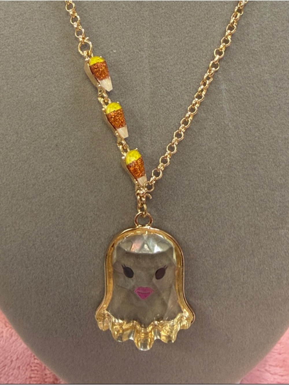 Betsey Johnson Halloween Ghost Necklace Candy Corn Crystal Pendant